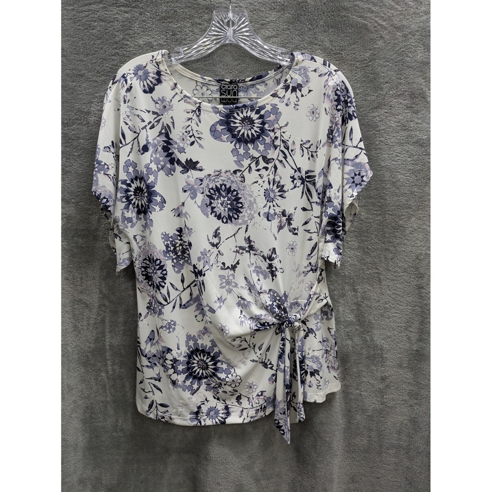 Clara Sunwoo Top Woman Small Travel Knit Floral‎ Side Tie Knot Resort Casual